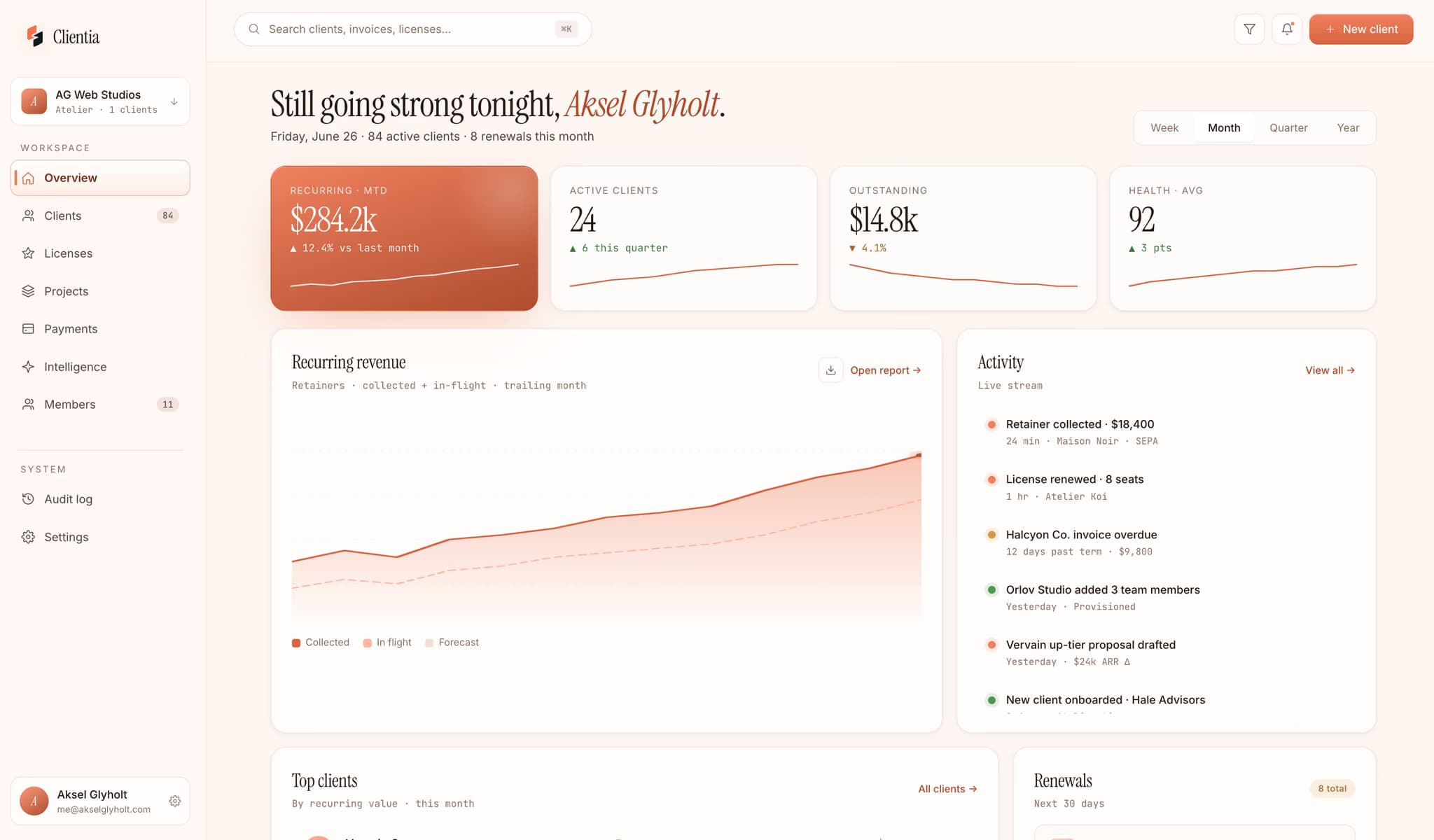 Clean SaaS dashboard for professional client management